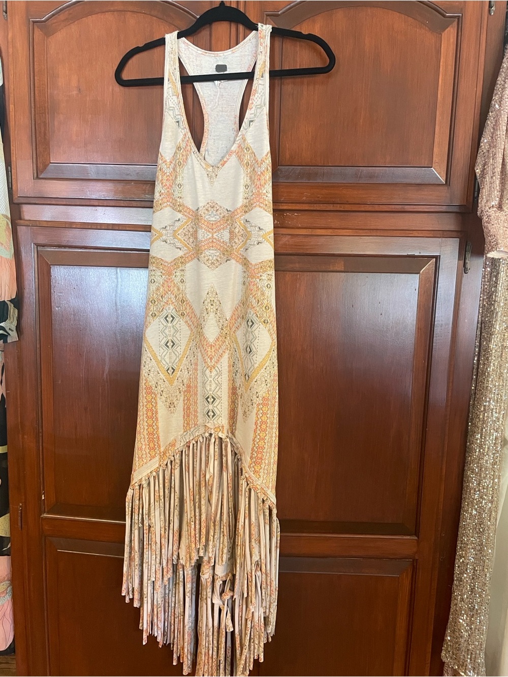 Free People Cream, Peach & Tan Asymmetrical Fringe Maxi Dress